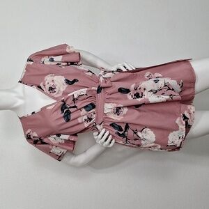 Floral Pink Cream Coquette Bohemian V-Neck Short Sleeve Belted Romper Size L